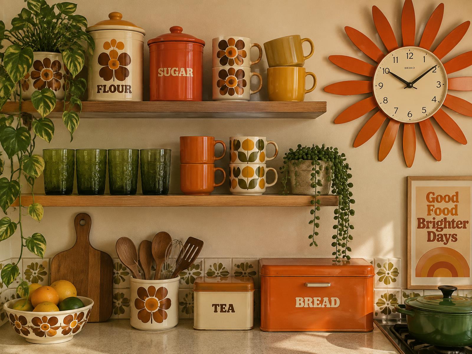 Styled retro kitchen shelf with colourful mugs, glassware, storage tins and a statement wall clock